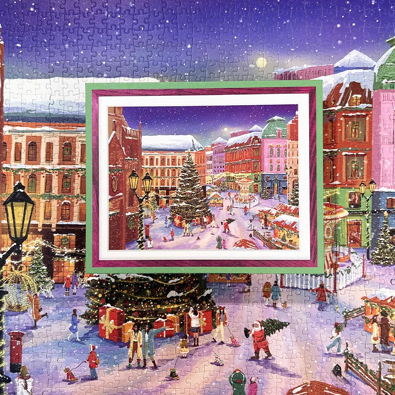 Snowy Night Christmas Square Puzzle Blue Card - 图片 3