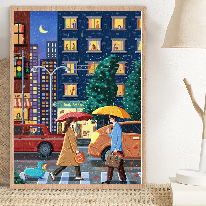 A hurriedly assembled puzzle on a rainy night (Blue card)